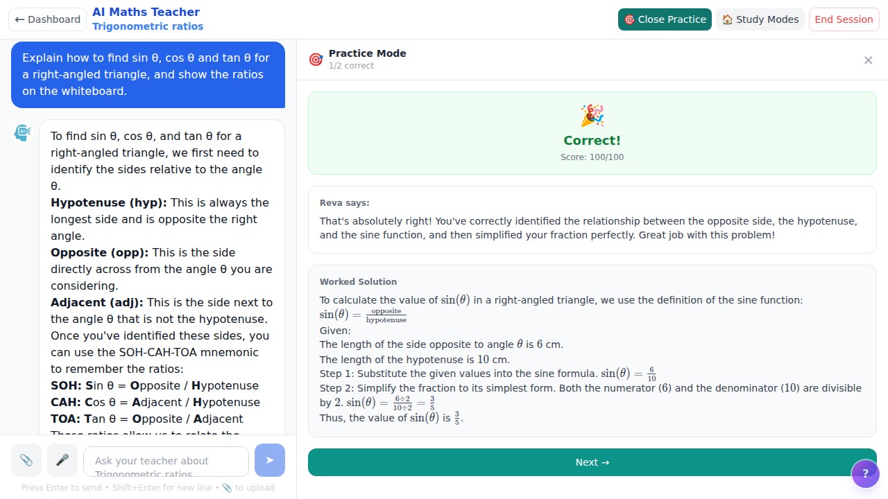 Reva AI giving instant graded practice feedback in the live EduVerseJr app