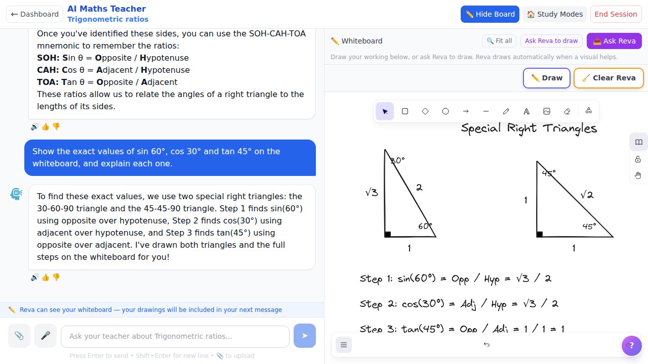 Reva AI teaching trigonometry step-by-step on the interactive whiteboard in the live EduVerseJr app